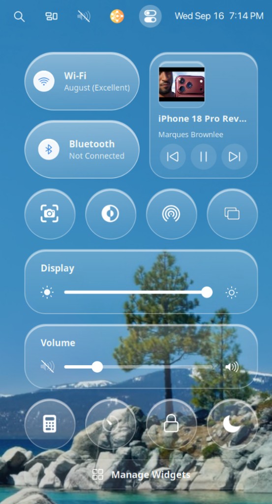 Control Center with Wi-Fi, Bluetooth, media, display, volume, and quick actions
