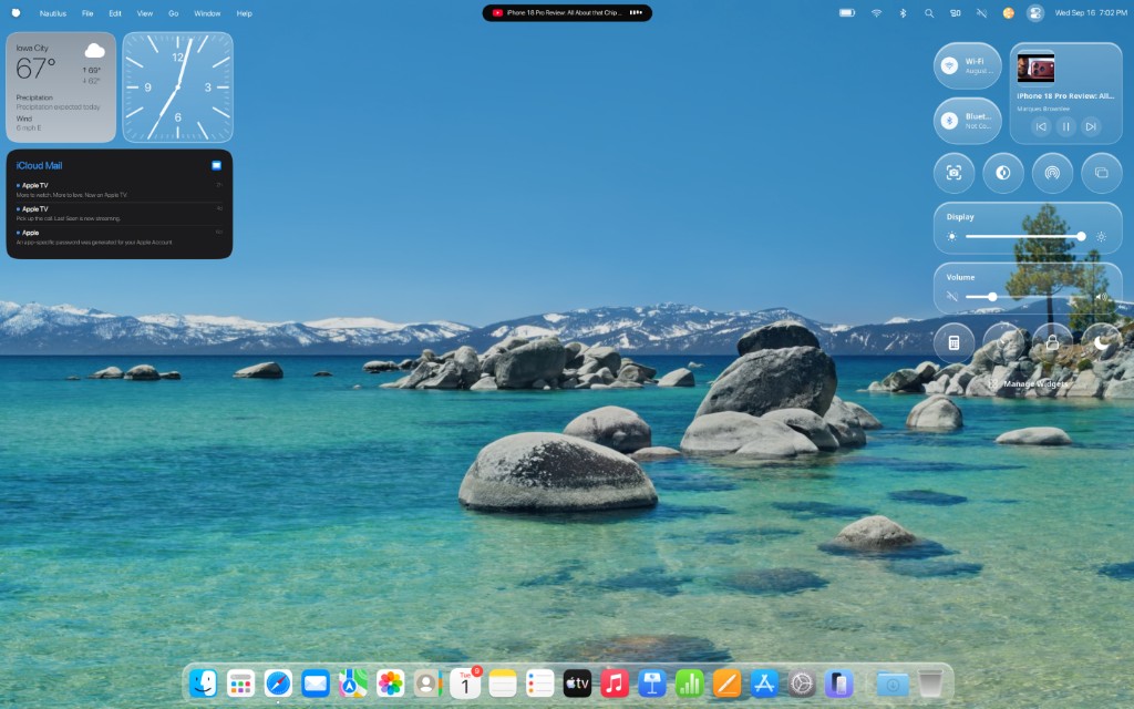 peachOS desktop with widgets, Control Center, and the dock