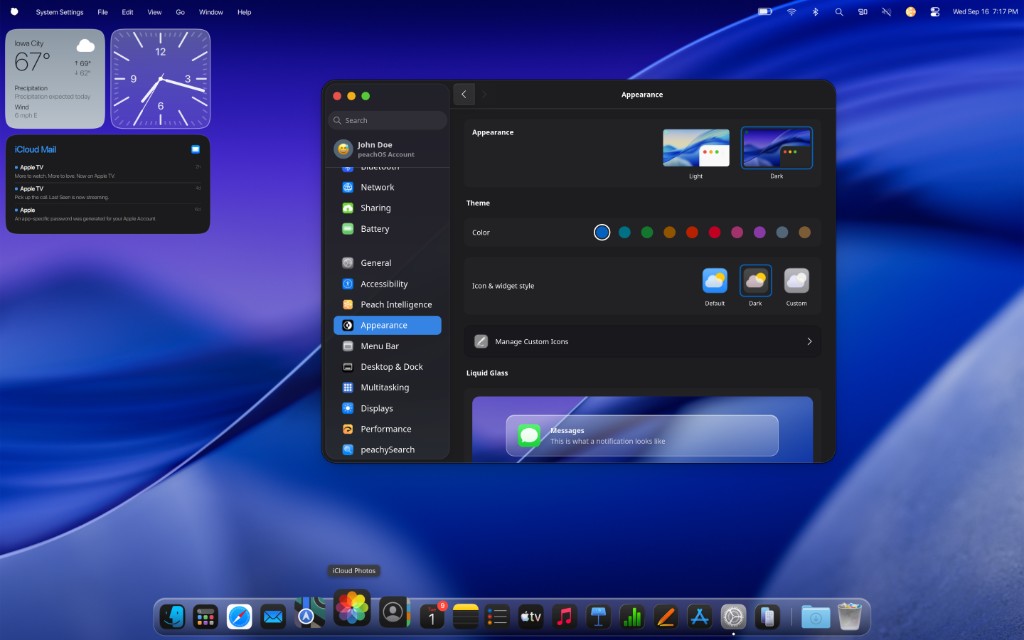 Settings Appearance page with Light, Dark, and icon styles